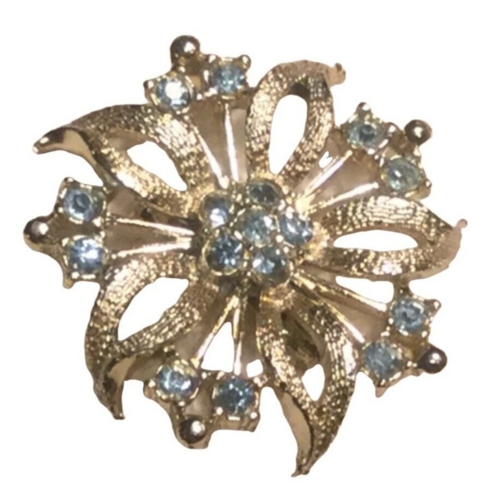 Vintage Gold-Tone Floral Brooch With Blue Rhinestones 1.25 Inches